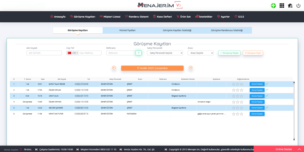Güzellik merkezi müşteri görüşme kayıtları