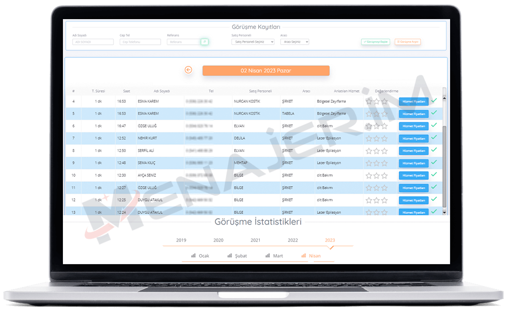 Güzellik merkezi müşteri görüşme kayıtları