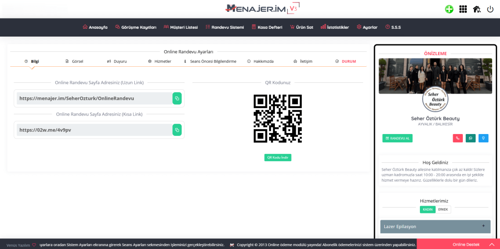 Güzellik salonu merkezi online randevu sistemi yazılımı